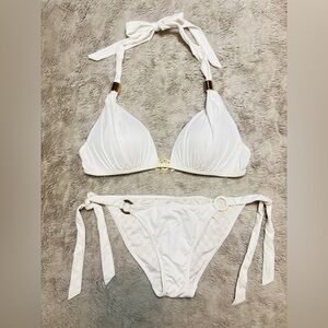 Victoria's Secret White Tie-Side Bikini Set with Gold Accents - S/XS